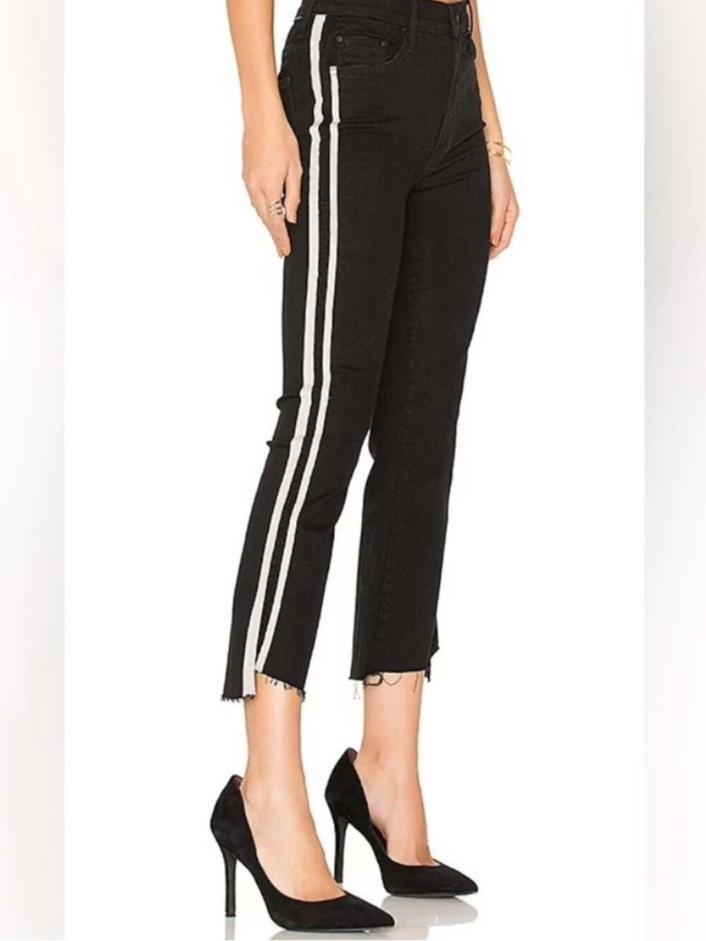 Mother Insider Crop Step Fray Jeans 24 Black Side Stripe Kick Flare Stretch